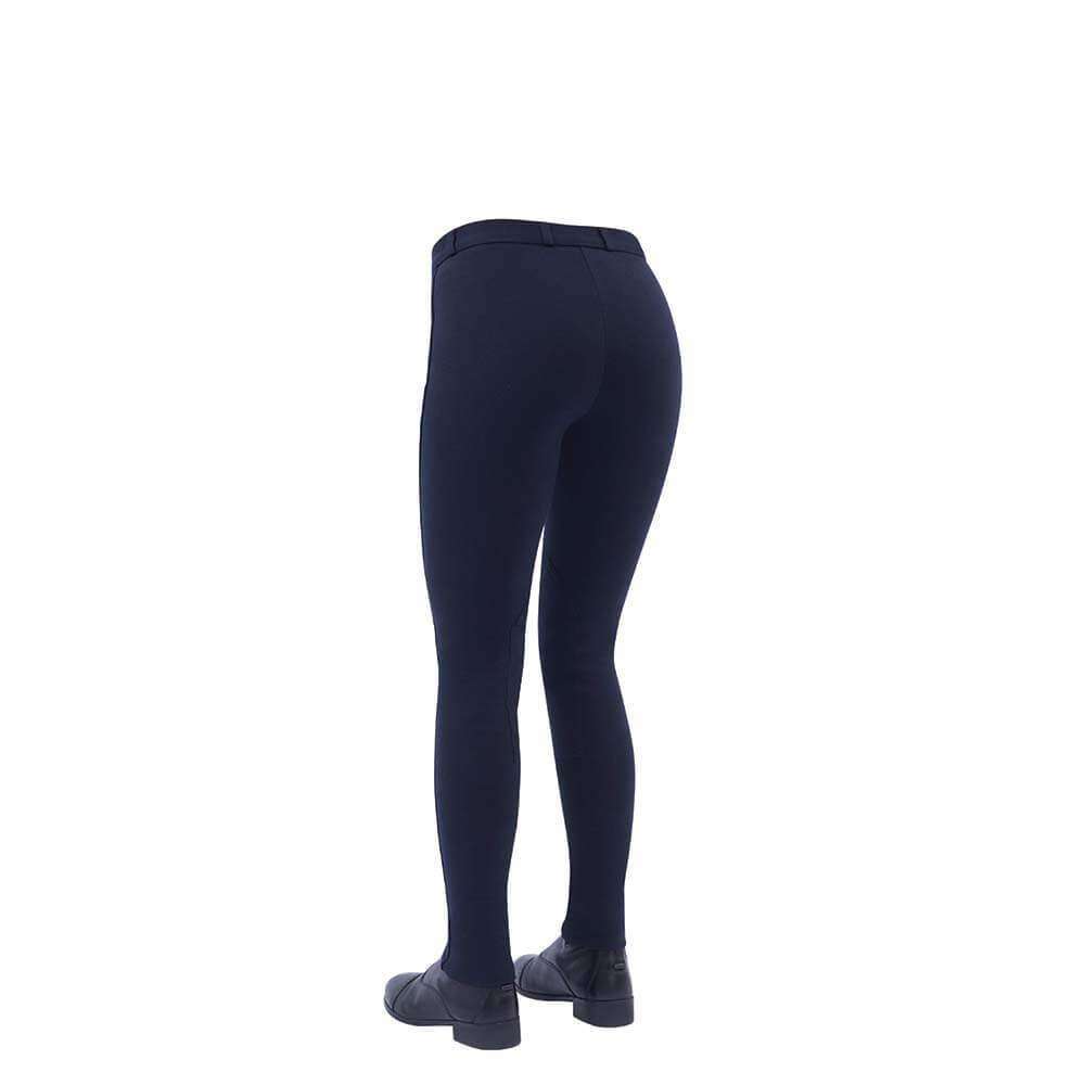 Person in navy blue Dublin Supa-Fit Zip Up Knee Patch Jodhpurs and black shoes, back view.