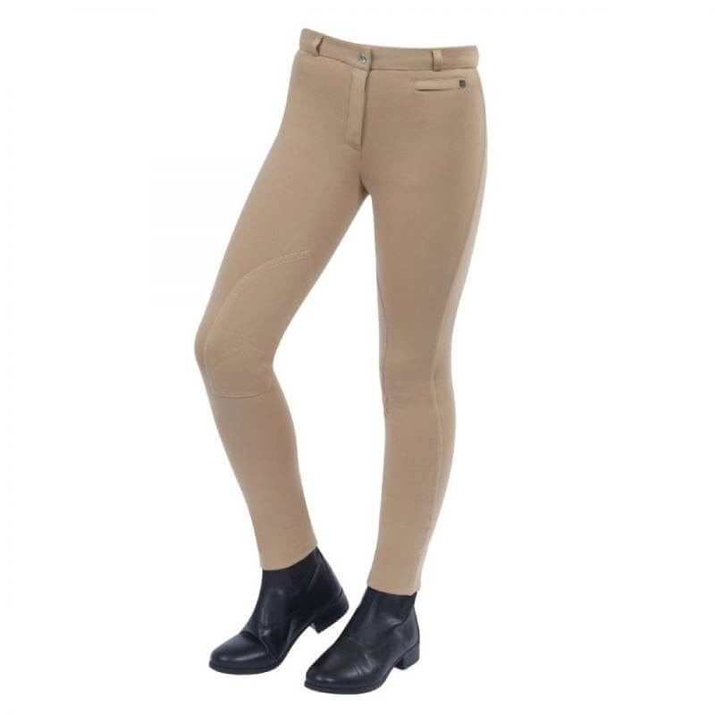 Dublin Supa-Fit Zip Up Knee Patch Jodhpurs styled with black boots and classic knit fabric.