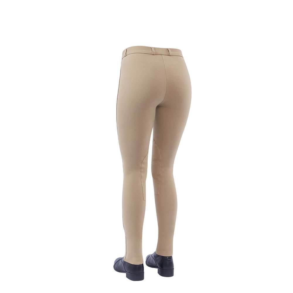 Person in Dublin Supa-Fit Zip Up Knee Patch Jodhpurs, beige, back view, on white background.