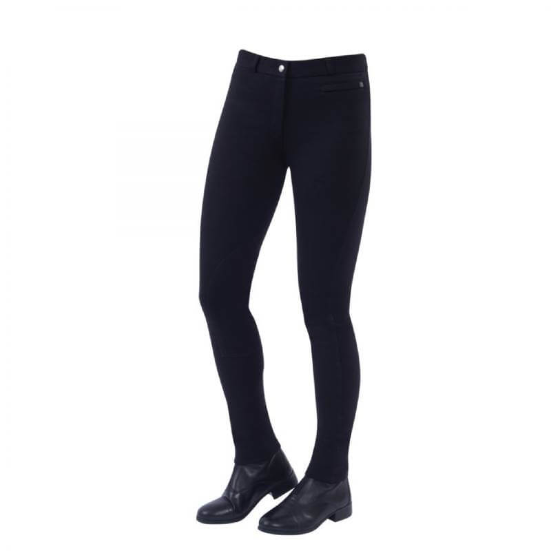 Dublin Supa-Fit Zip Up Knee Patch Jodhpurs and black riding boots on a white background.