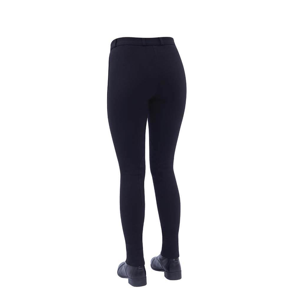 Back view of a person in black Dublin Supa-Fit Zip Up Knee Patch Jodhpurs, white background.
