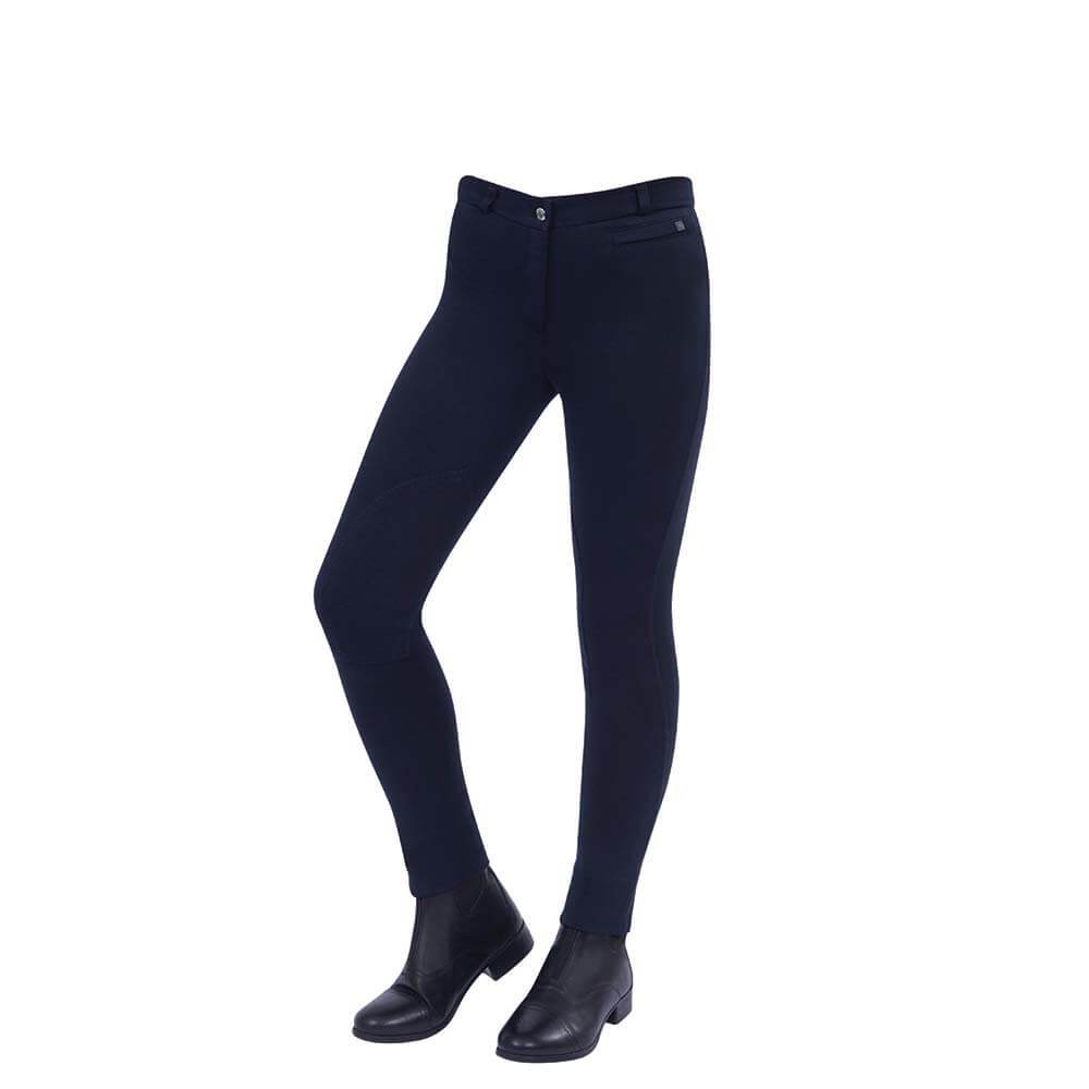 Dublin Supa-Fit Zip-Up Knee Patch Jodhpurs Childs with black ankle boots on a white background.
