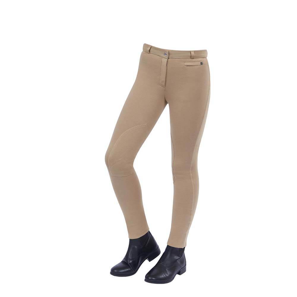 Dublin Supa-Fit Zip-Up Knee Patch Jodhpurs Childs with black ankle boots on white background.