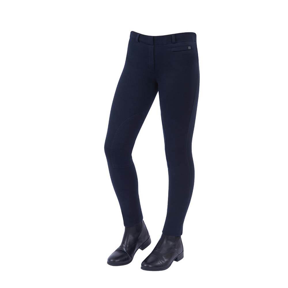 Dublin Supa-Fit Pull On Knee Patch Jodhpurs Childs in navy blue with black boots on white background.