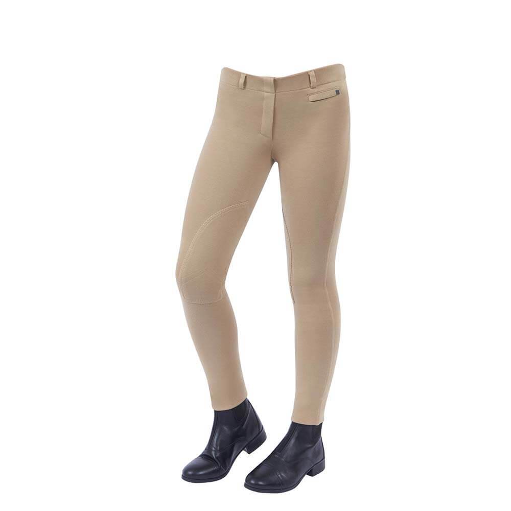Dublin Supa-Fit Pull On Knee Patch Jodhpurs Childs with black ankle boots on white background.