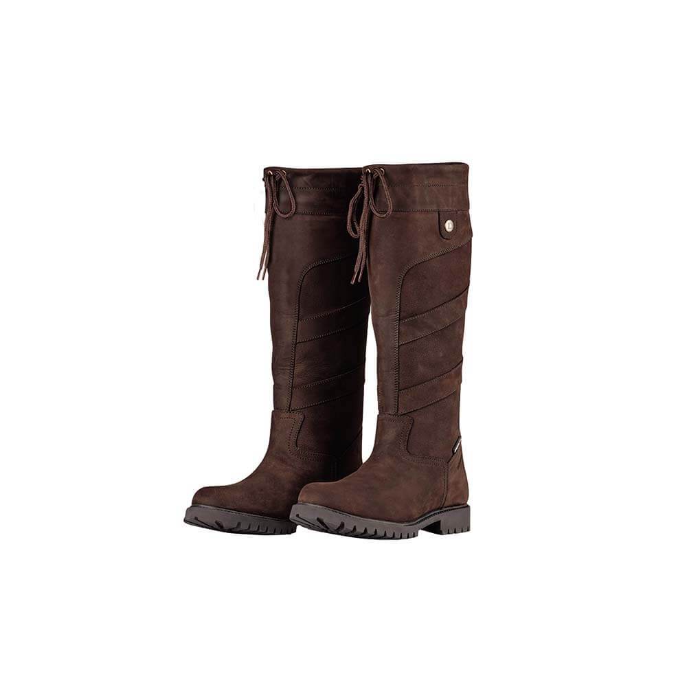 Dublin Kennet Boots Chocolate: tall brown leather boots with side stitching and tie details.