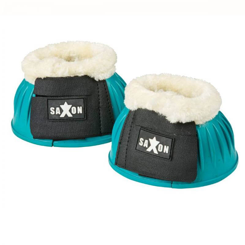 Saxon Fleece Trim Rubber Bell Boots in teal/black with adjustable closures and logo straps.