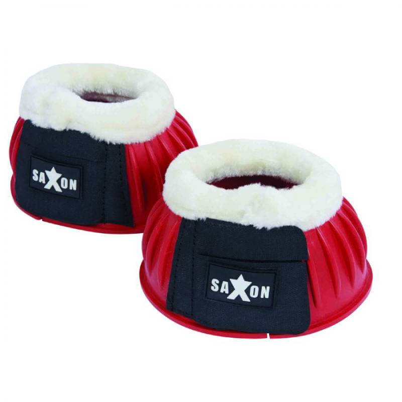 Saxon Fleece Trim Rubber Bell Boots in red/black with adjustable closures and fleece trim.
