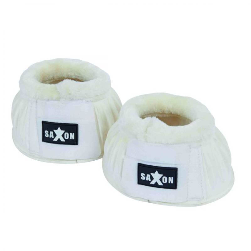 Saxon Fleece Trim Rubber Bell Boots offer fleece lining and adjustable closures for secure fit.