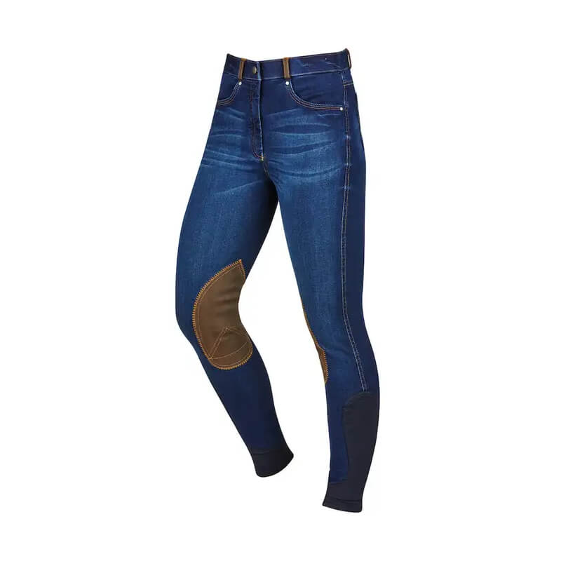 Dublin Shona Knee Patch Denim Breeches with brown patches and contrast stitching.