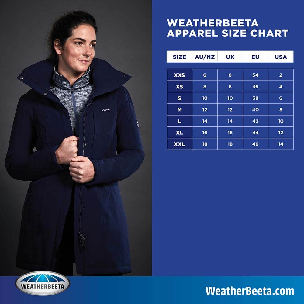 Woman in Weatherbeeta Kyla Waterproof Jacket Pine next to size chart on blue background.