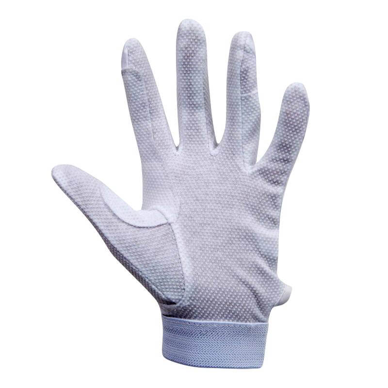 A white textured Dublin Track Riding Glove, palm forward, fingers spread.