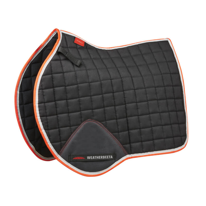Weatherbeeta Therapy-Tec All Purpose Saddle Pad, orange trim, under brown saddle on white horse.