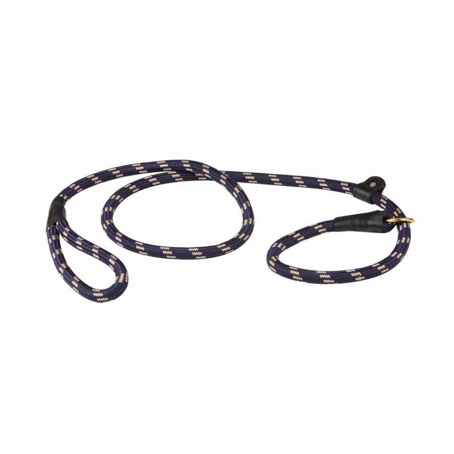 Weatherbeeta Leather Slip Dog Lead in navy blue and white with loops and metal clasp.