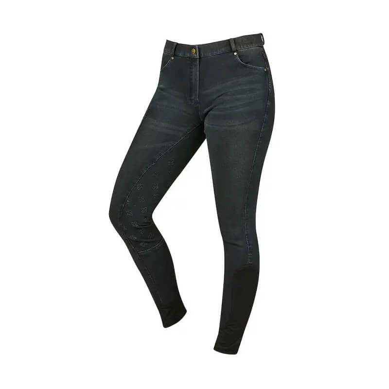 Dublin Shona Full Grip Denim Breeches in dark blue with subtle fading and stitching details.