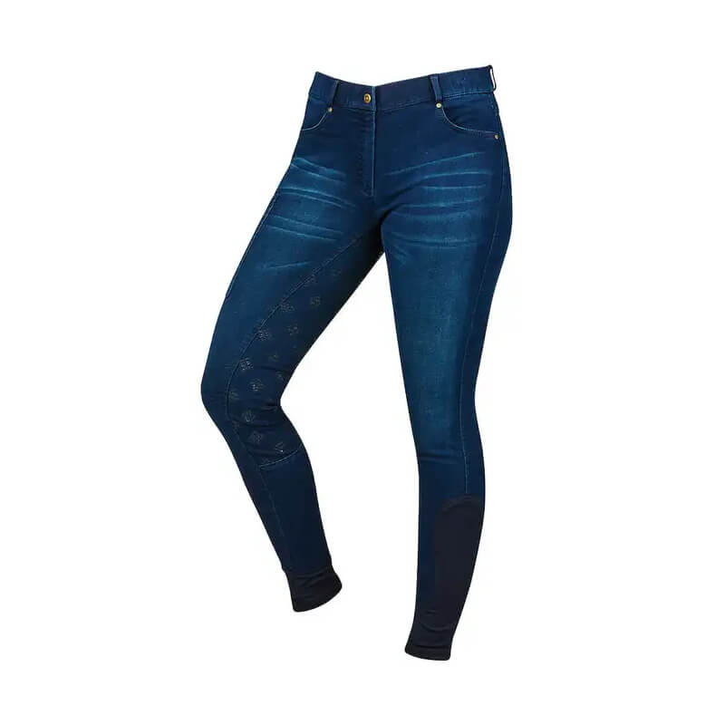 Dublin Shona Full Grip Denim Breeches in dark blue with subtle fading and stitching details.