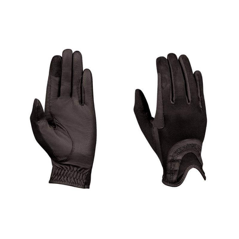 Dublin Pull On Glitter Mesh Back Riding Gloves Black shown from palm and back on white background.