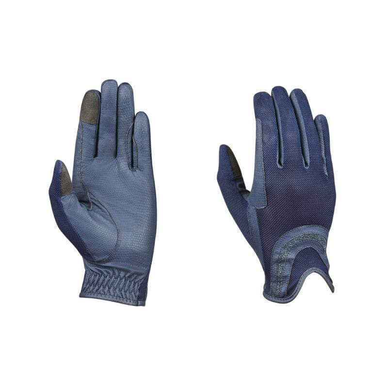 A pair of Dublin Pull On Glitter Mesh Back Riding Gloves Black on a white background.