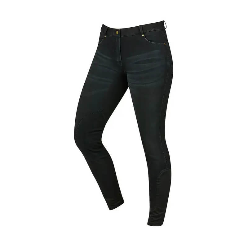 Dublin Shona Knee Patch Denim Breeches: black slim-fit with yellow stitching, by Dublin.