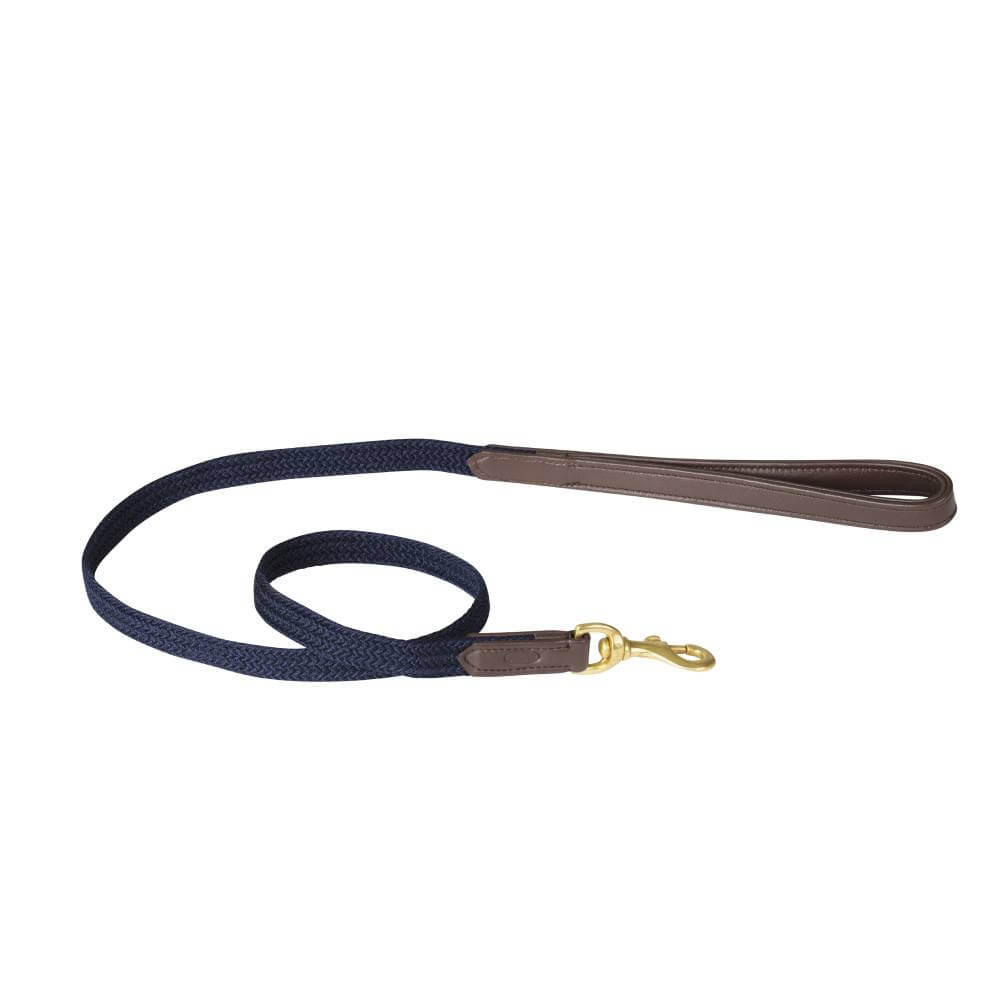 Weatherbeeta Leather Plaited Dog Lead in navy blue with brown leather handle and brass fittings.