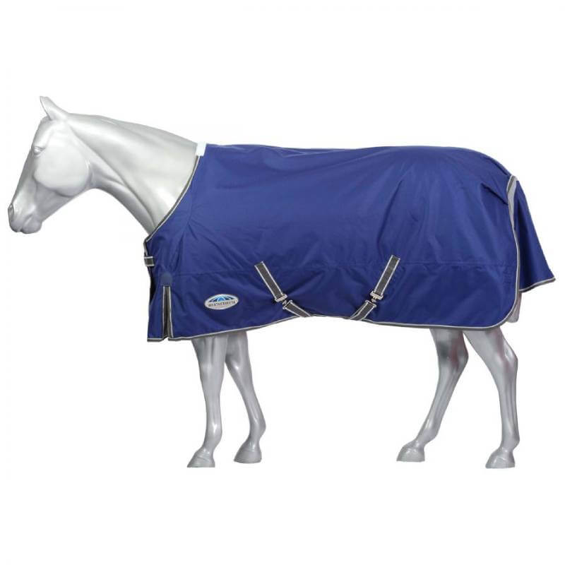 A silver horse mannequin wears a blue Weatherbeeta ComFiTec Premier Free II Standard Neck Lite rug.