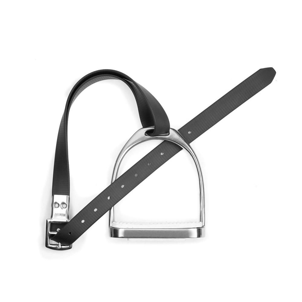 A black Wintec Slimline Stirrup Strap threaded through a silver stirrup on white background.