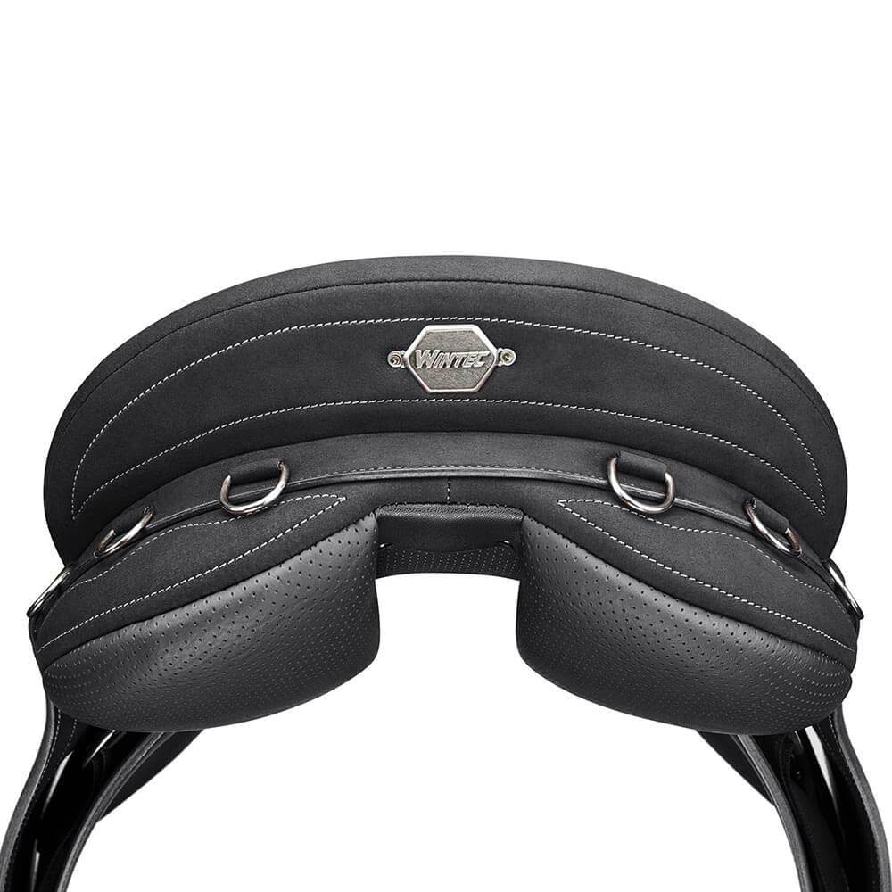 Wintec Pro Stock With Swinging Fender Hart Saddle by Wintec, side view with stirrups.