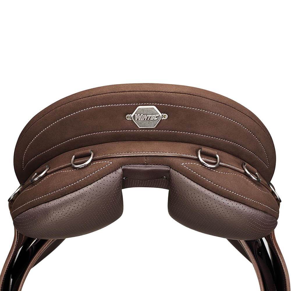 Brown Wintec Pro Stock With Swinging Fender Hart Saddle, top view showing stitching and rings.