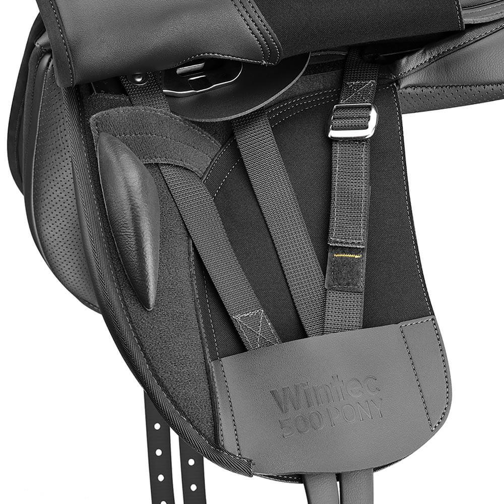 Wintec 500 Pony Dressage Hart Saddle by Wintec, black with deep seat and long flaps, side view.