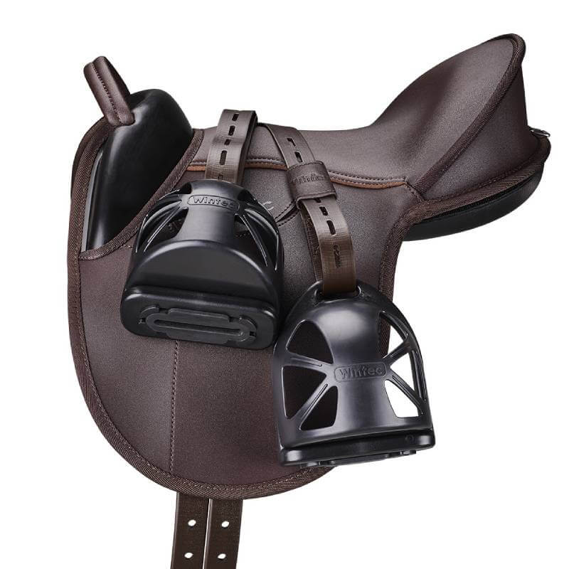 Wintec Kids Saddle Pack Brown with black stirrups, perfect for beginner riders.