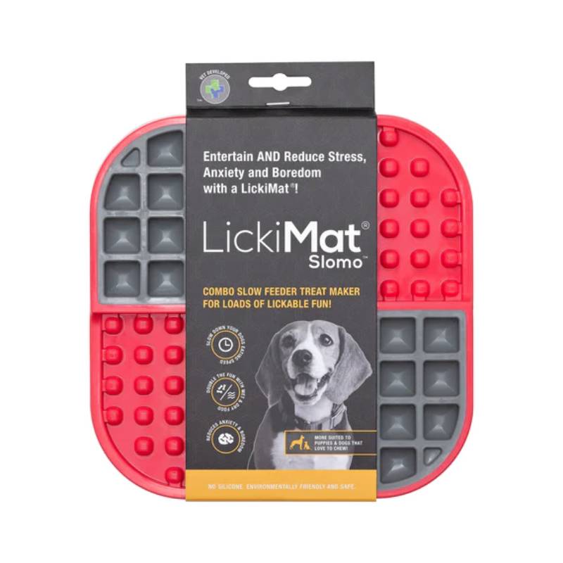 LickiMat Slomo by LickiMat: red and gray slow feeder mat for dog anxiety relief.