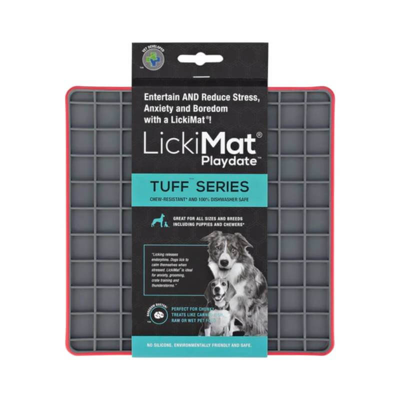 Gray and red LickiMat Playdate Deluxe dog treat mat in packaging with dog images and text.