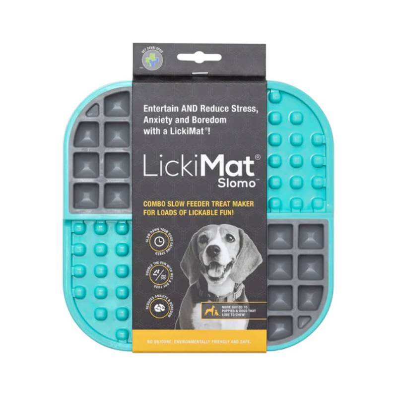LickiMat Slomo Turquoise & Gray slow feeder dog mat for anxiety relief in packaging.