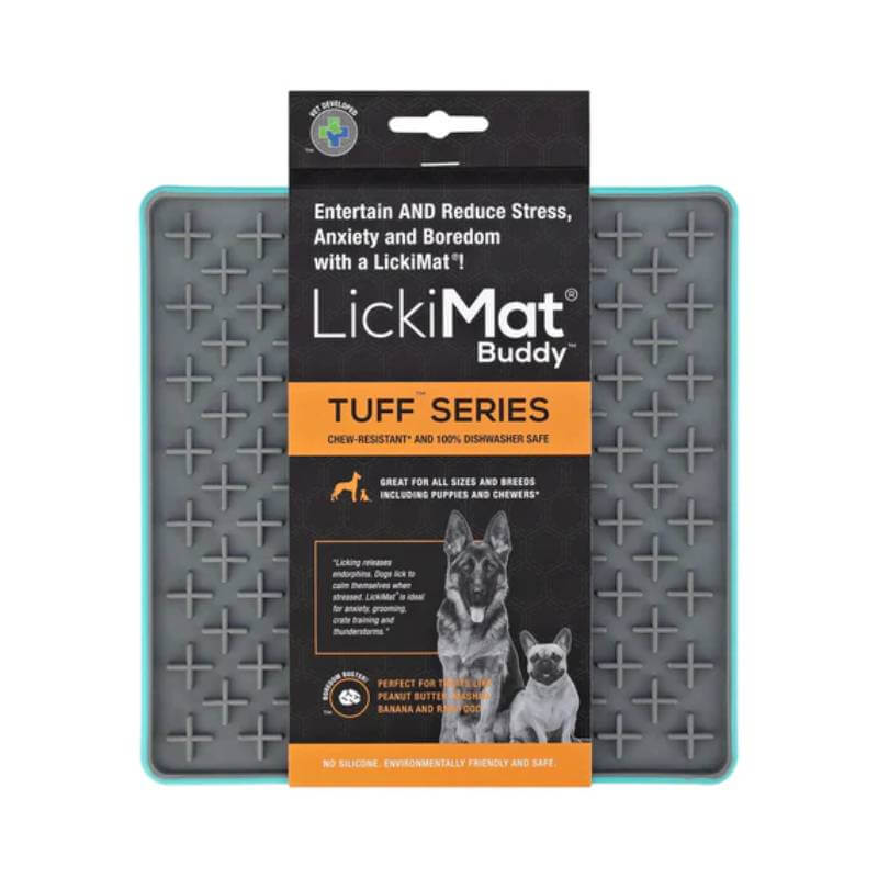 LickiMat Tuff Buddy gray chew-resistant dog mat for anxiety relief.