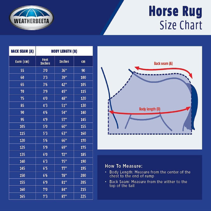 Weatherbeeta Comfitec 600D/Mesh II Combo Neck size chart and measurement guide.