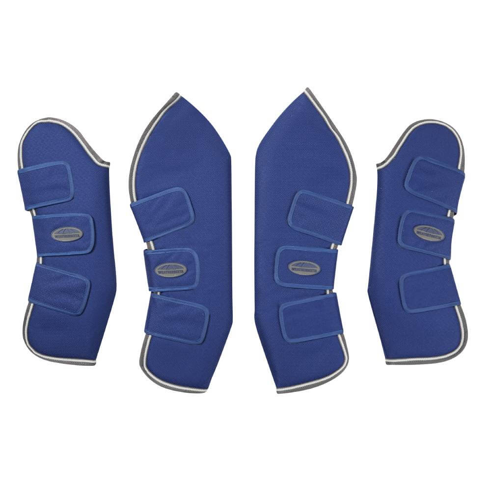 Four Weatherbeeta 1200D Wide Tab Long Travel Boots, Dark Blue/Grey/White, side by side.