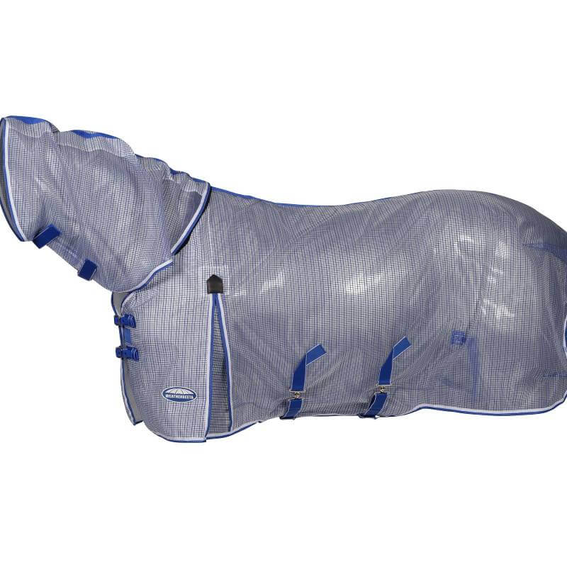 A horse in a Weatherbeeta Comfitec Ripshield Plus White/Blue rug for superior fly protection.