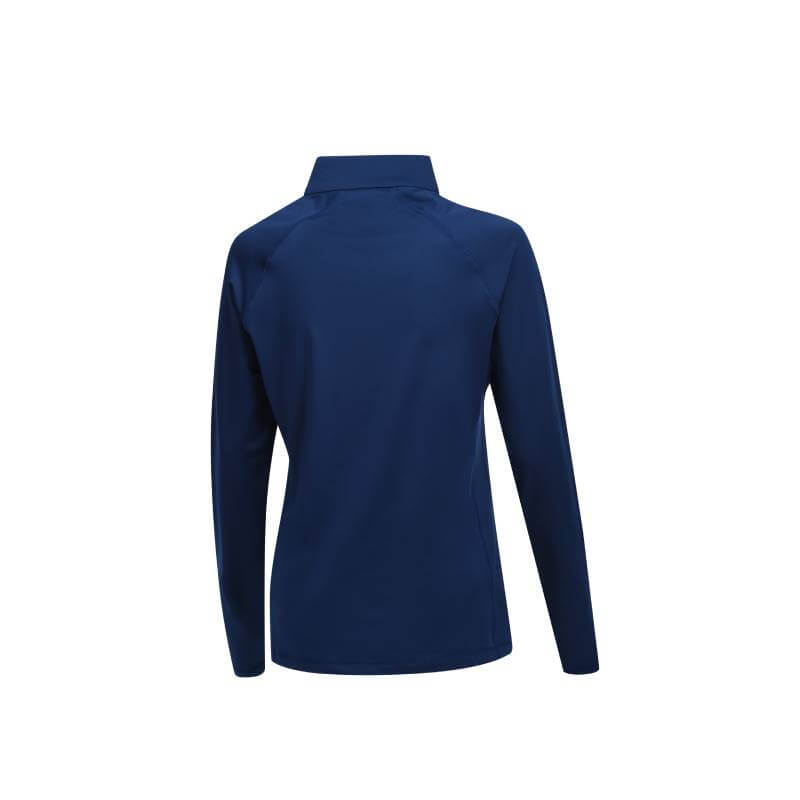 Back view of Weatherbeeta Prime Long Sleeve Top Navy with 4-way stretch on white background.