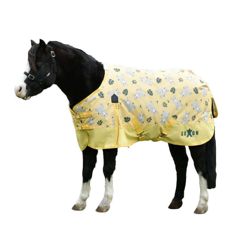 Black horse wears a yellow Saxon 600D Pony Standard Neck Medium Rhino Print rug.
