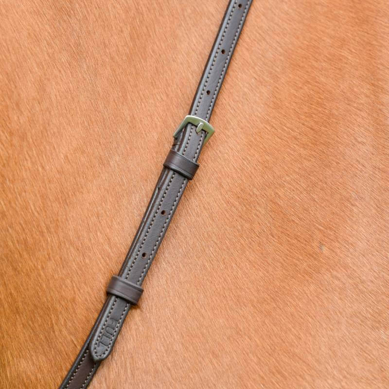 Collegiate Comfitec Opulux Martingale in dark brown rests comfortably on a horse's coat.