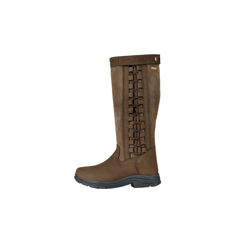 Dublin Pinnacle Boots III Chocolate: adjustable brown knee-high boots with side lacing, memory foam.