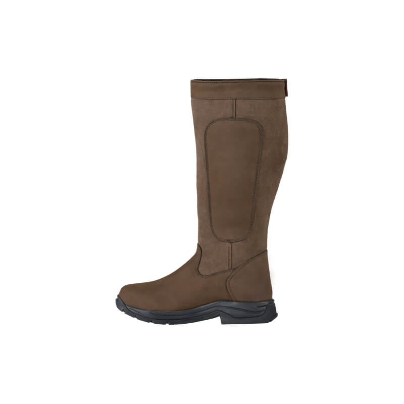 Dublin Pinnacle Boots III Chocolate: knee-high waterproof leather boot with black sole, side view.
