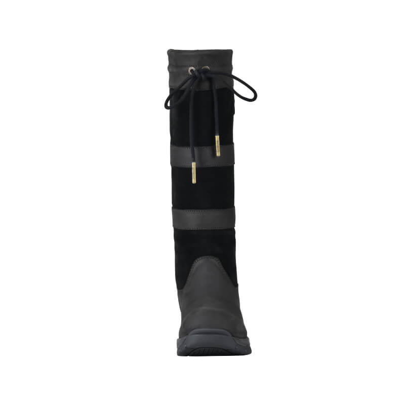 Front view of Dublin River Boots IV Black by Dublin with grey accents and a bow at the top.