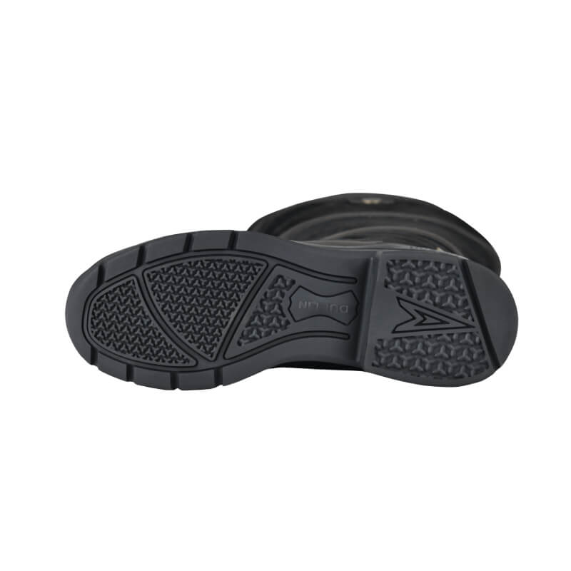 Durable black rubber sole of Dublin River Boots IV, shown from bottom with patterned tread.