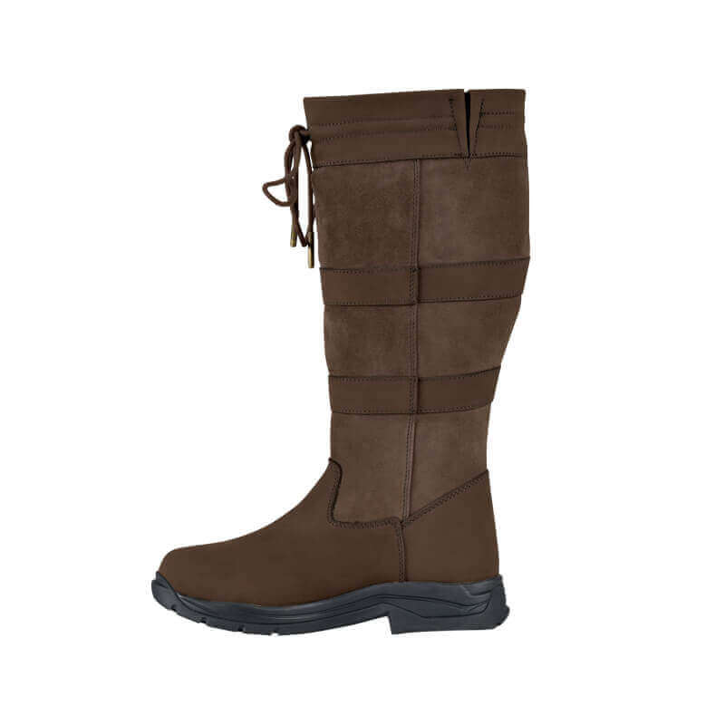 Dublin River Boots IV Chocolate: knee-high, top laces, black sole—side view.