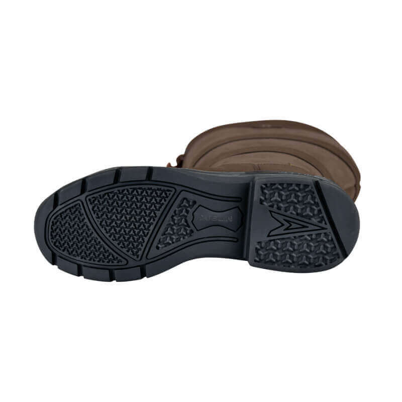 Chocolate Dublin River Boots IV feature a black rubber sole with tread for durable outdoor use.