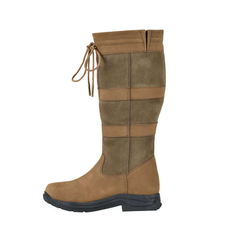 Side view of Dublin River Boots IV Dark Brown by Dublin, tall waterproof boots with laces.