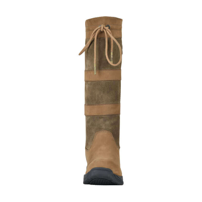 Front view of Dublin River Boots IV Dark Brown—a tall waterproof boot by Dublin with top lace.