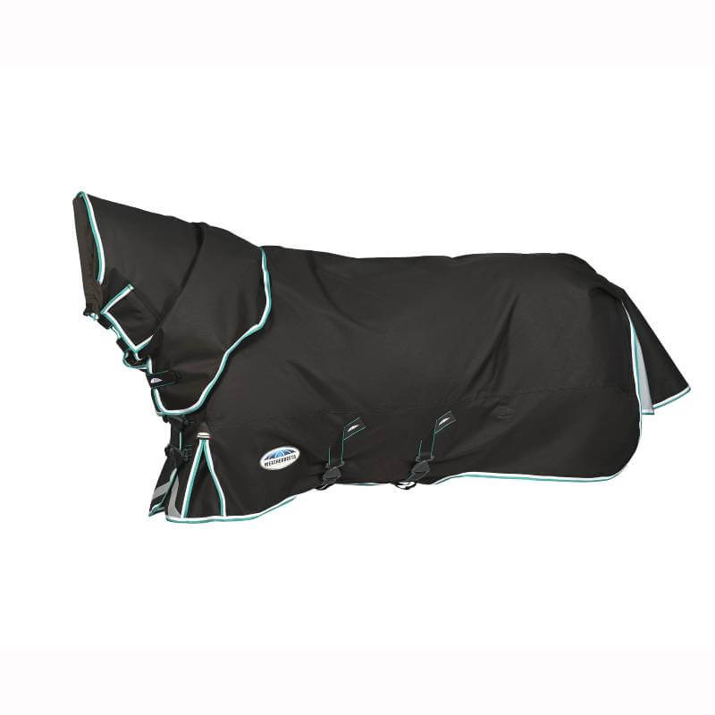 Brown horse wears Weatherbeeta Comfitec Ultra Comfi blanket outdoors between wooden fences.