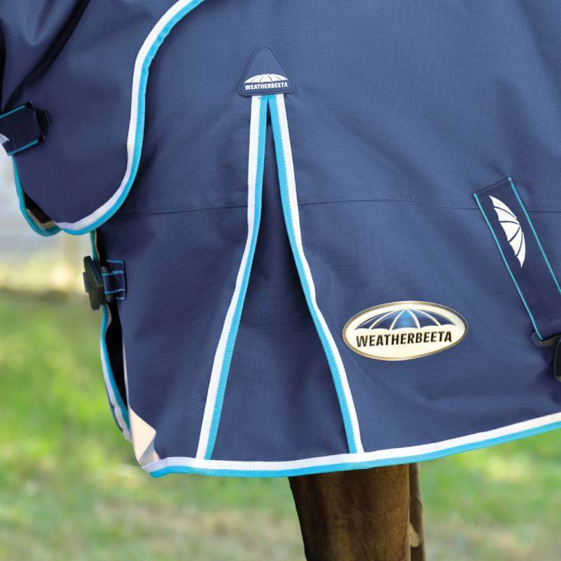 Close-up of a Weatherbeeta Comfitec Ultra Hardi Detach-A-Neck rug in blue/bright blue/white.
